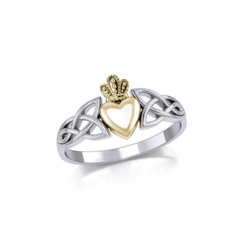 Celtic Knot Claddagh Silver with 14K Gold Accent & Sand brush Ring TRV1743-S - Jewelry